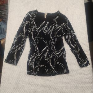 Susan Lawrence Black White Abstract Liquid Knit Blouse Women's L Everyday Career
